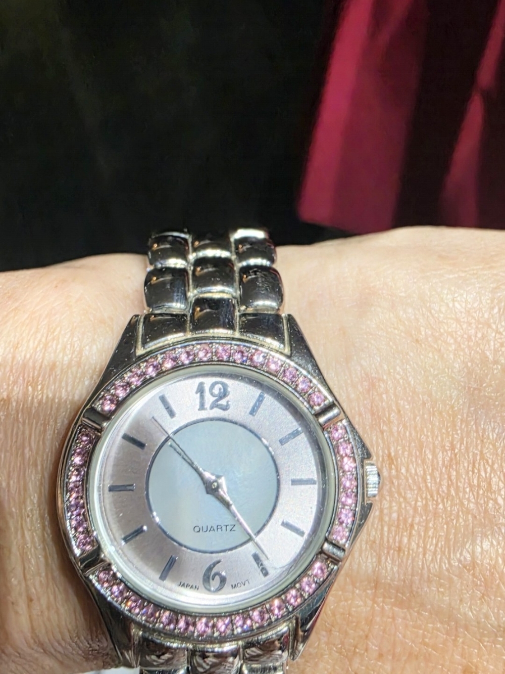 *WORKS* Quartz Silver Watch with Pink Crystal Accent - Women's Accessory